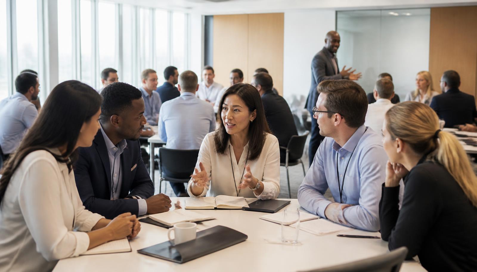 Professionals taking part in a leadership and management training workshop